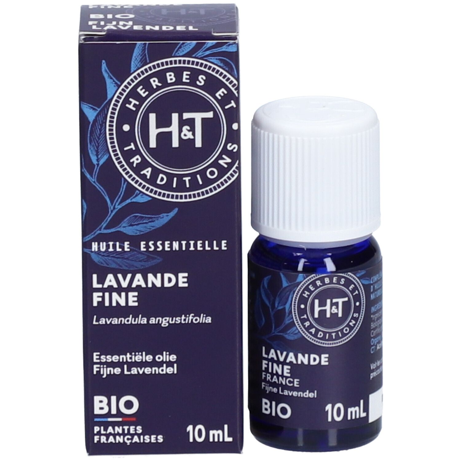 Flacon et boîte. Inscription: Lavande Fine France Bio, 10 ml. Logo H&T.
