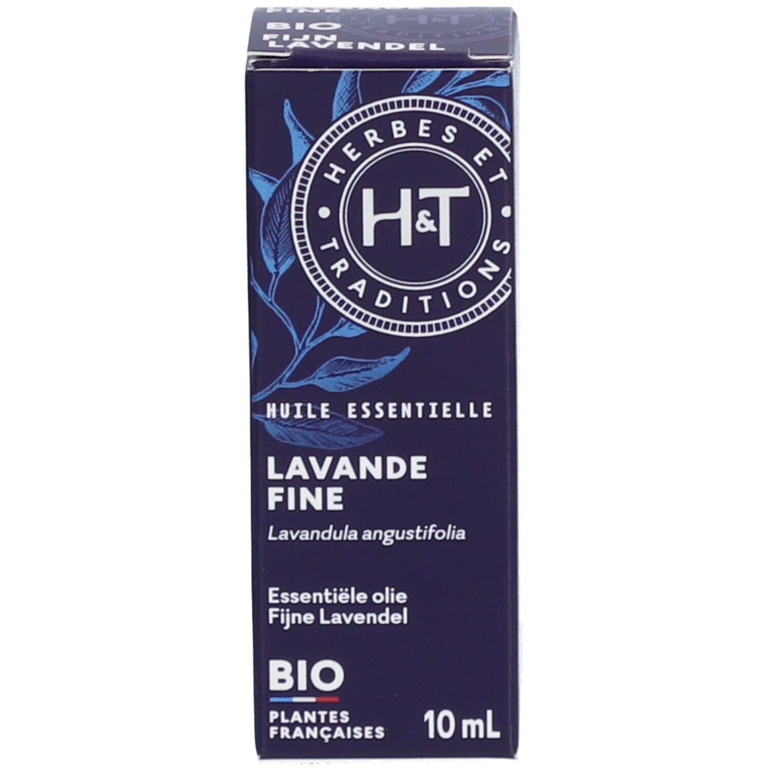 Boîte. Inscription: Lavande Fine France Bio, 10 ml. Logo H&T.