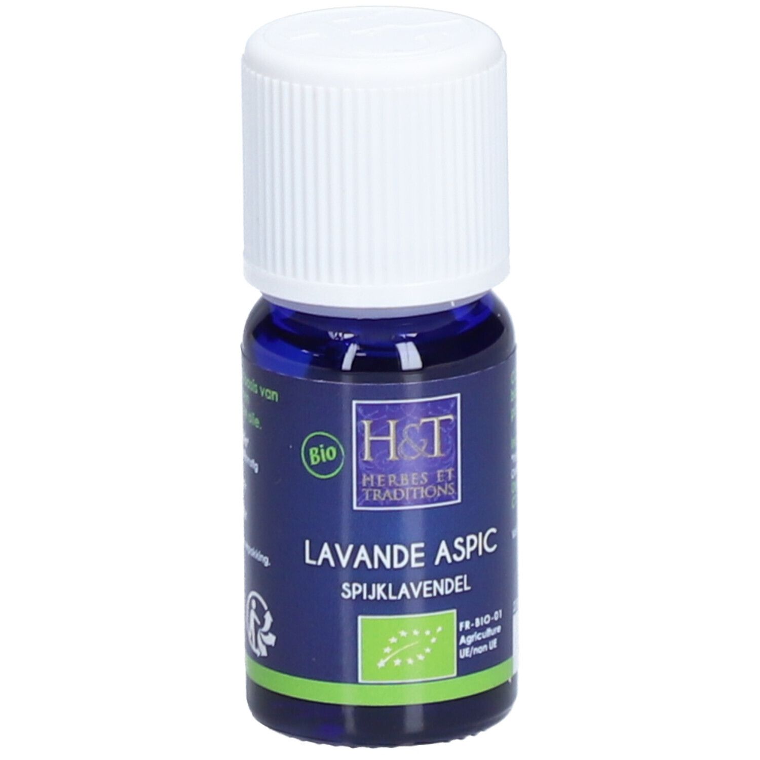Flacon en verre bleu avec bouchon blanc. Inscription: Lavande Aspic, label Bio, logo H&T.