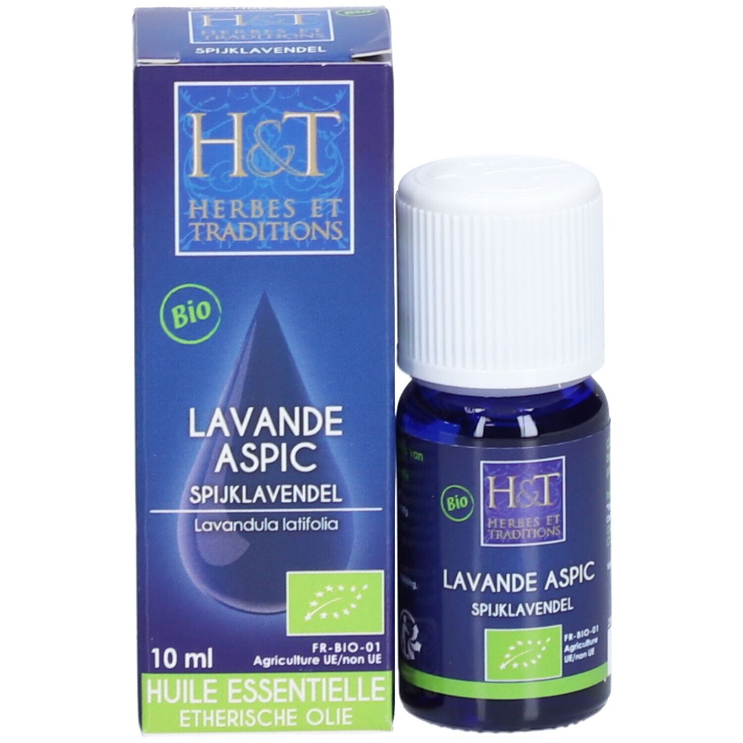 Emballage du produit avec flacon. Boîte bleue, flacon à côté. Inscription: Lavande Aspic, logo H&T.