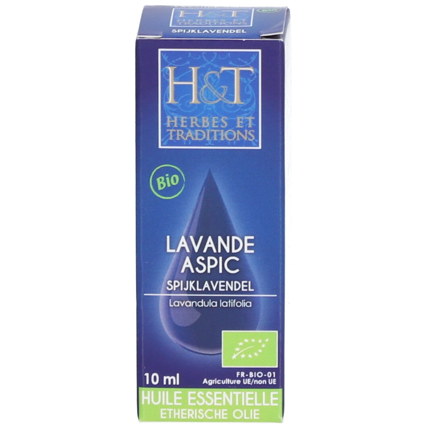 Emballage du produit bleu. Inscription: Lavande Aspic, logo H&T, label Bio, 10 ml.