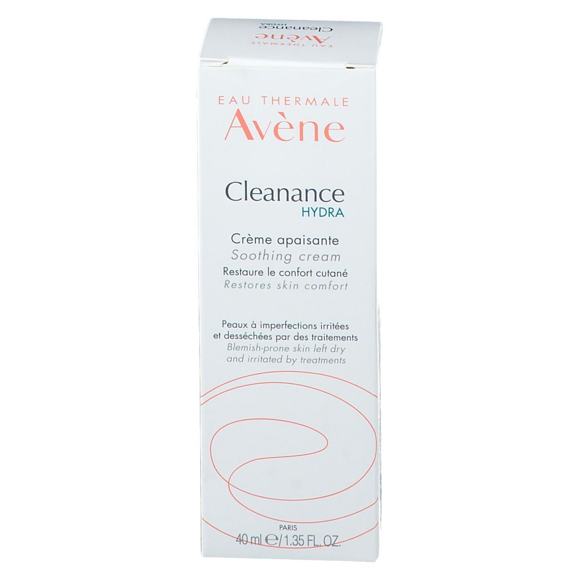 Boîte blanche avec informations produit. Inscription: Eau Thermale Avène, Cleanance Hydra, Crème apaisante. 40ml.