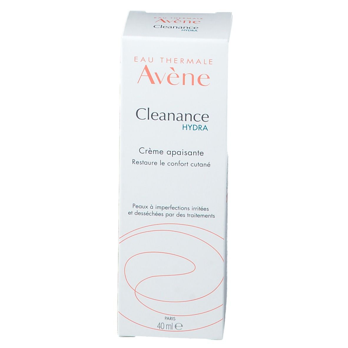 Boîte blanche avec informations produit. Inscription: Eau Thermale Avène, Cleanance Hydra, Crème apaisante. 40ml.