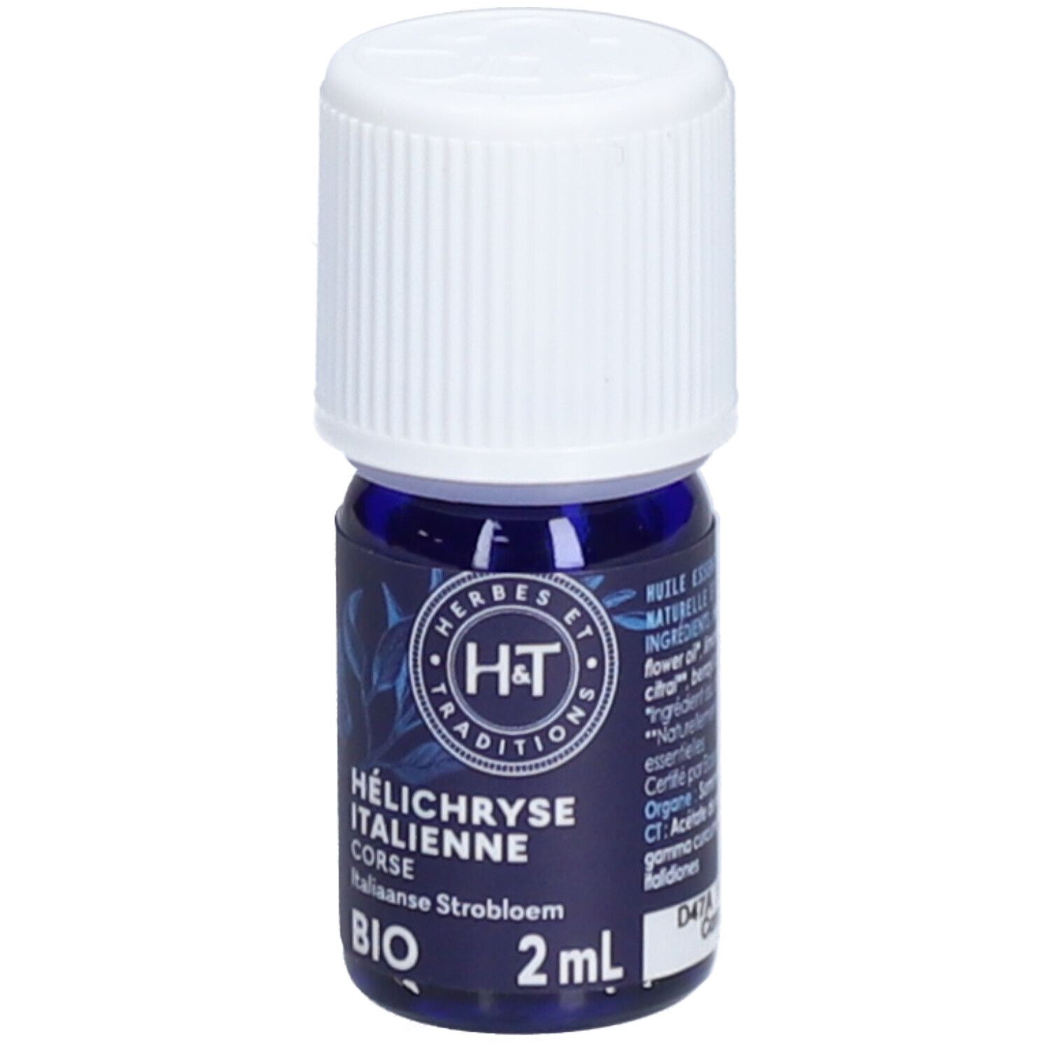 Petite bouteille en verre bleu avec bouchon blanc. Inscription: Hélihryse Italienne Corse BIO. 2 ml.