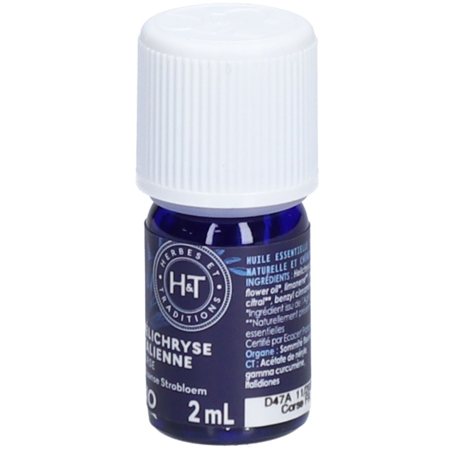 Petite bouteille en verre bleu avec bouchon blanc. Inscription: Hélihryse Italienne Corse BIO. 2 ml.