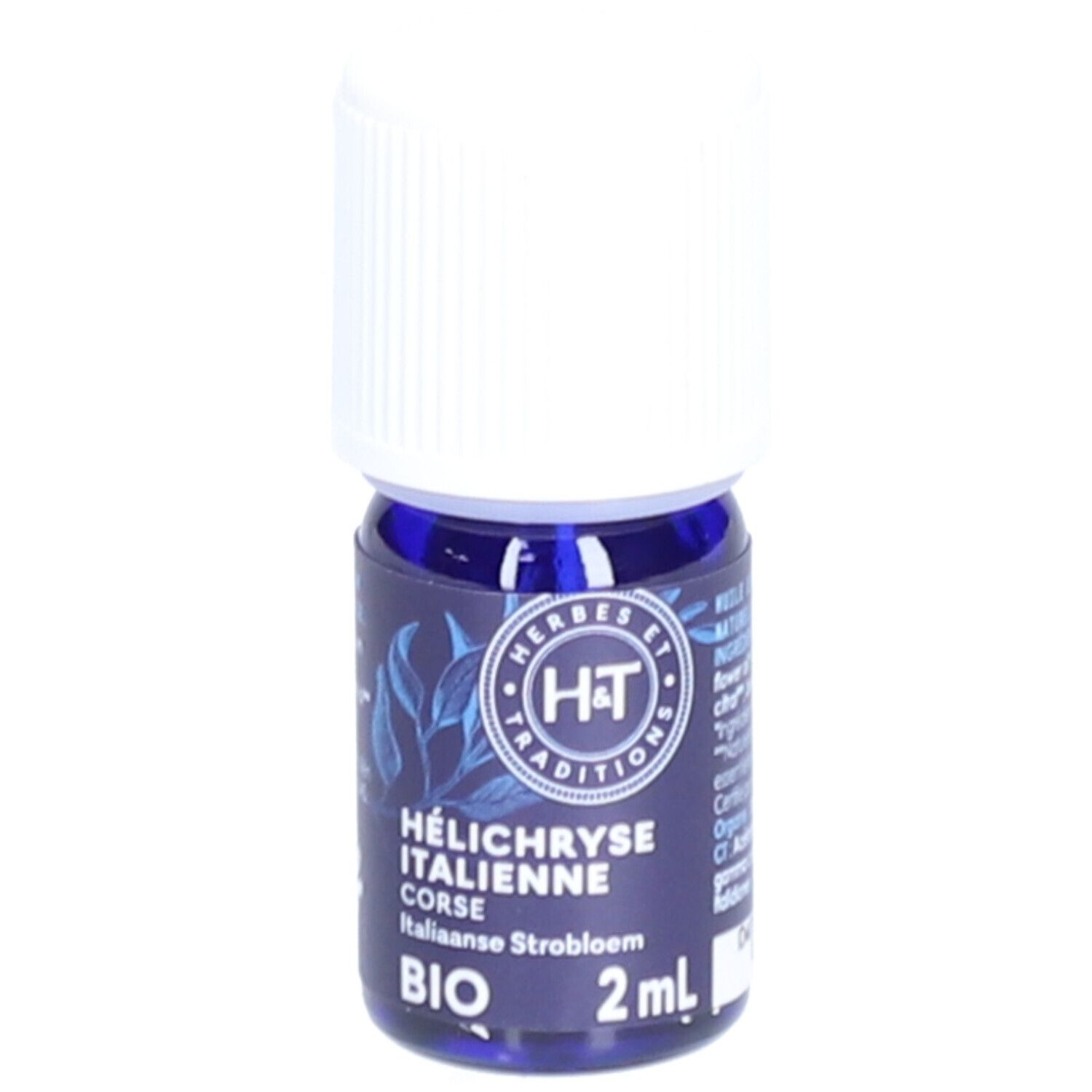 Petite bouteille en verre bleu avec bouchon blanc. Inscription: Hélihryse Italienne Corse BIO. 2 ml.