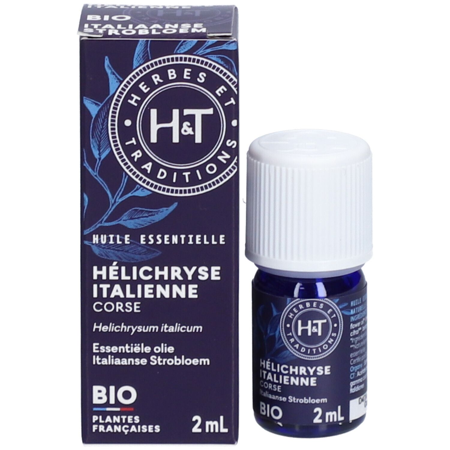 Emballage produit avec flacon. Boîte bleue avec bouchon blanc. Inscription: Hélihryse Italienne Corse BIO. 2 ml.