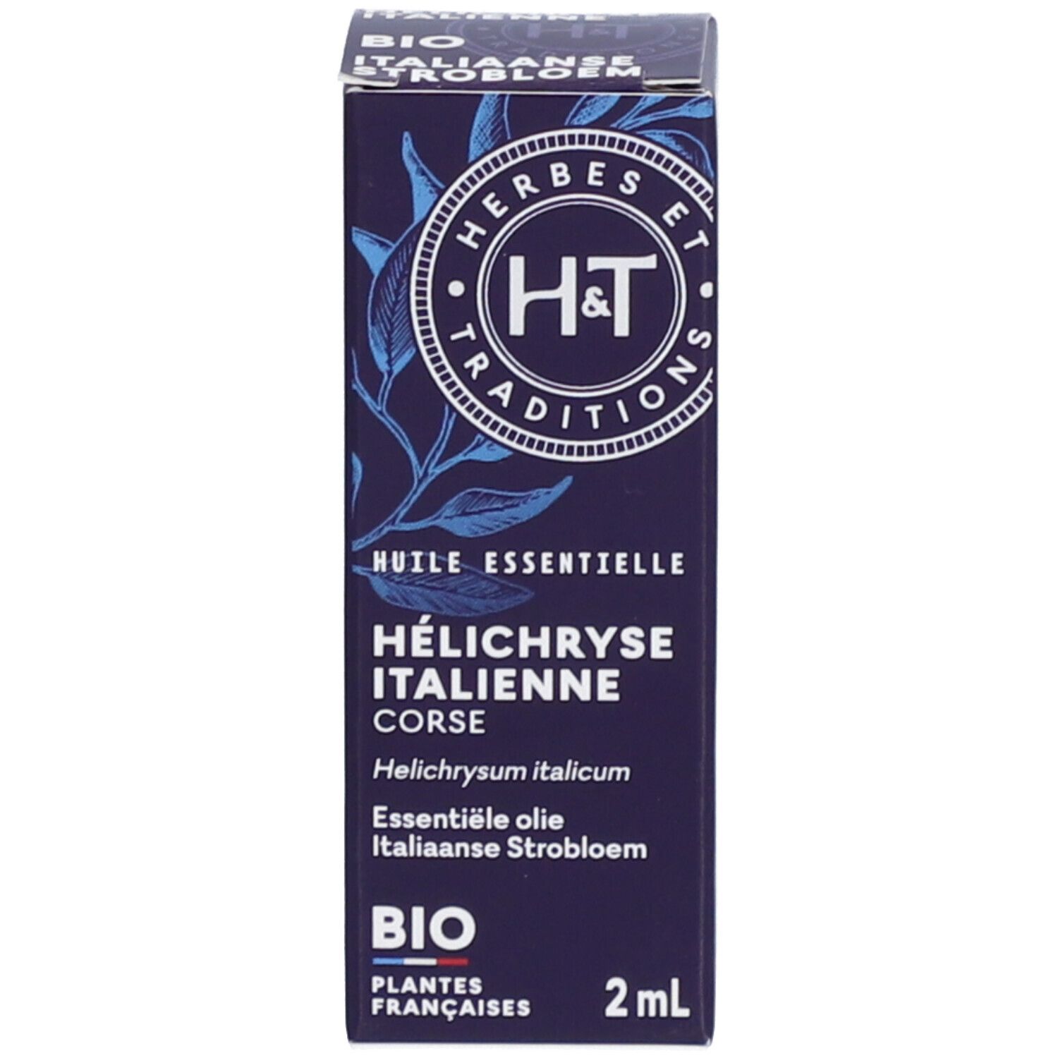 Emballage produit bleu. Inscription: Hélihryse Italienne Corse BIO. 2 ml.
