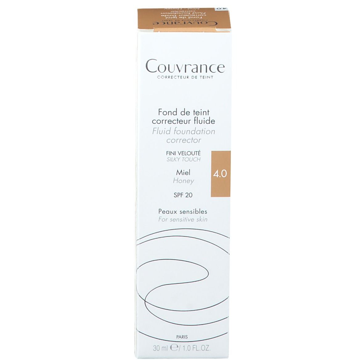 Boîte Couvrance, fond de teint fluide, teinte 4.0. Contient SPF 20. Informations produit.