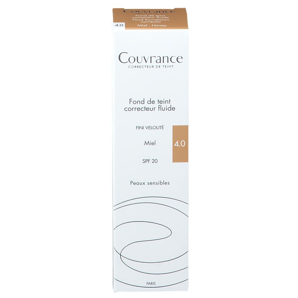 Boîte Couvrance, fond de teint fluide, teinte 4.0. Contient SPF 20. Informations produit.
