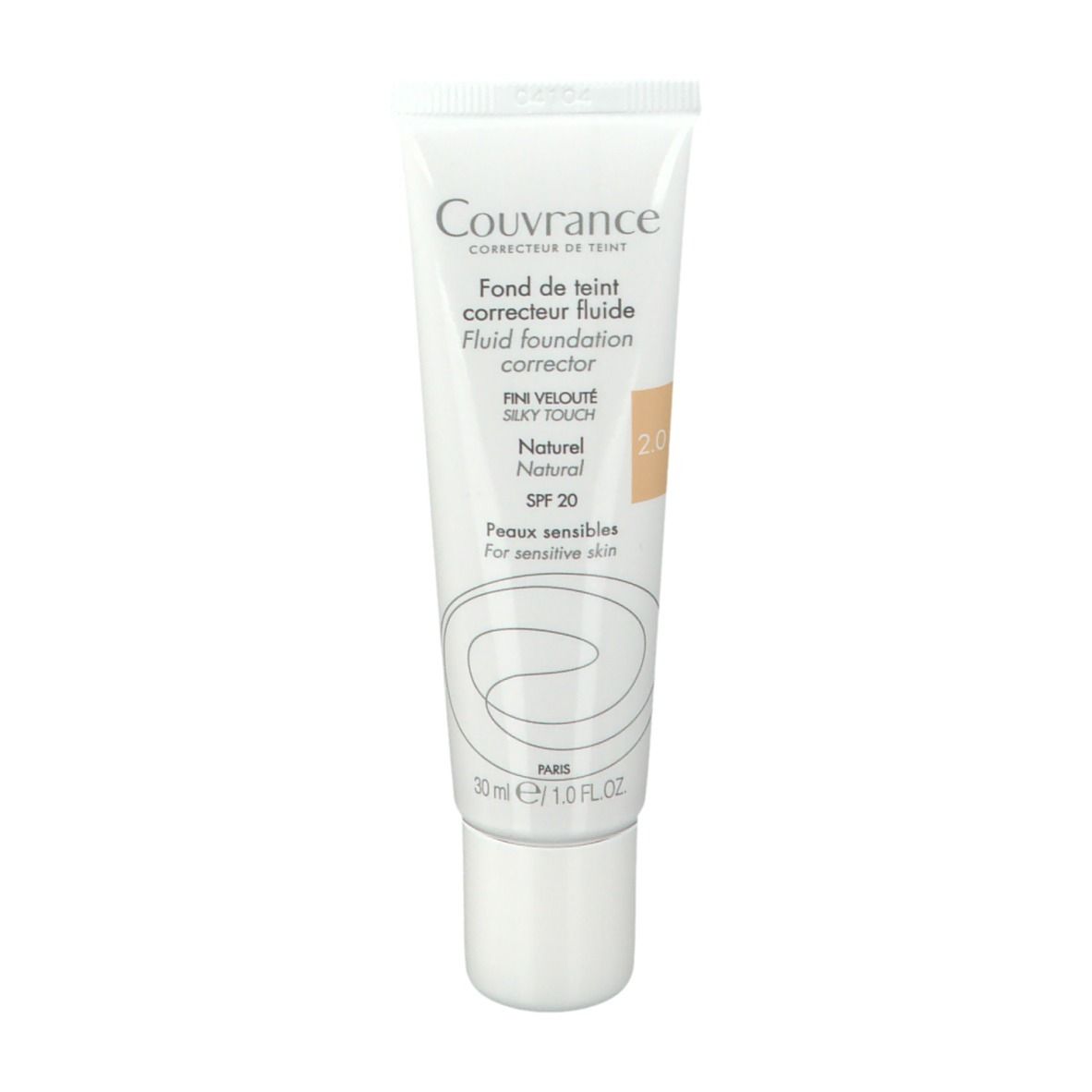Tube de fond de teint fluide Couvrance Avene Natural 2.0. Tube blanc avec nom du produit et teinte 2.0. SPF 20.