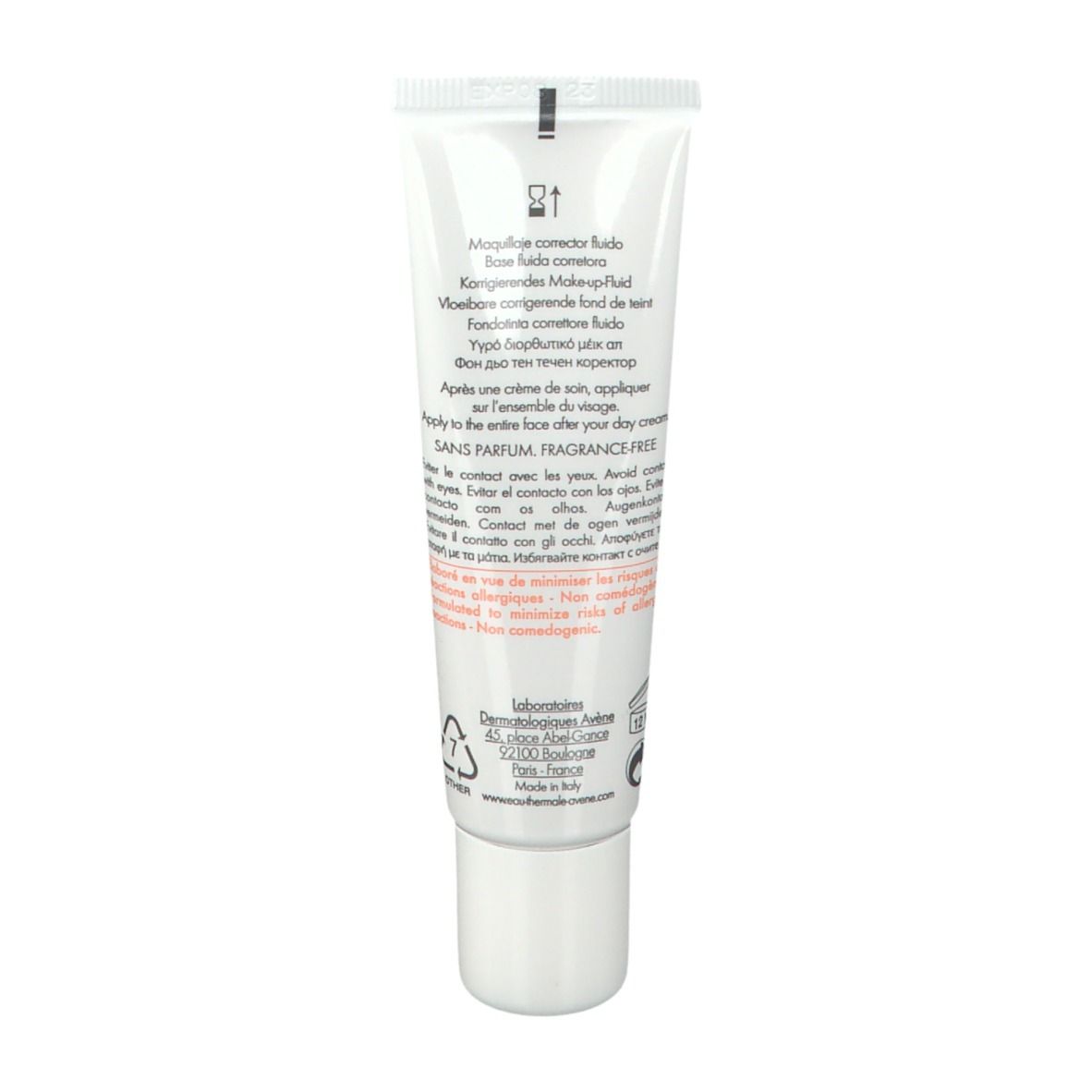 Dos du tube de fond de teint fluide Couvrance Avene. Texte multilingue. Contient des informations sur l'utilisation.