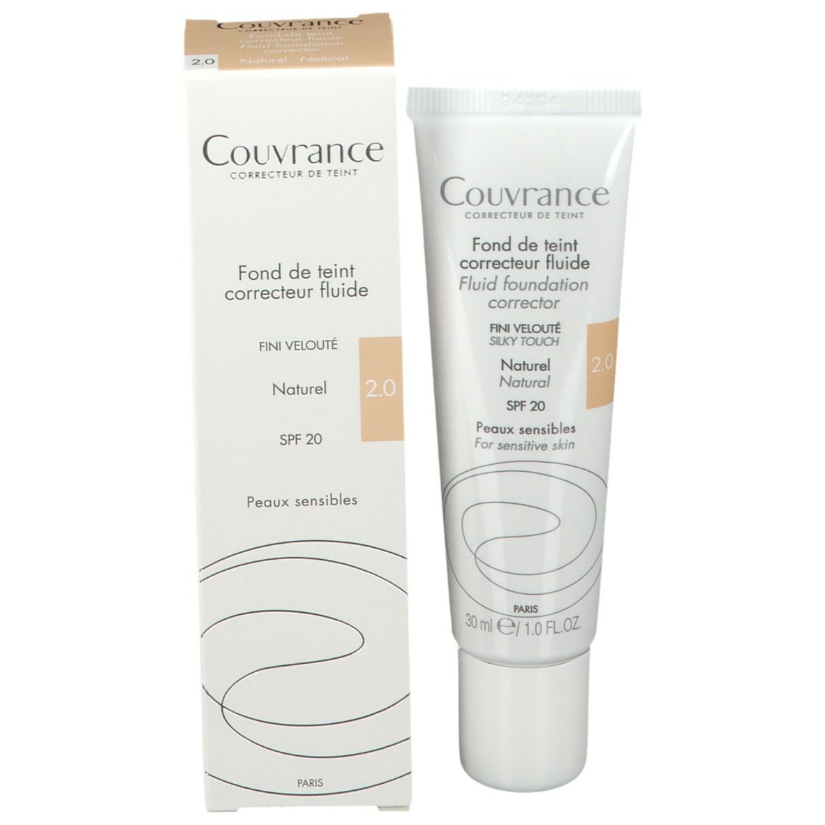 Avene Couvrance Fond de teint fluide Natural 2.0. Produit et emballage côte à côte. Tube et boîte.