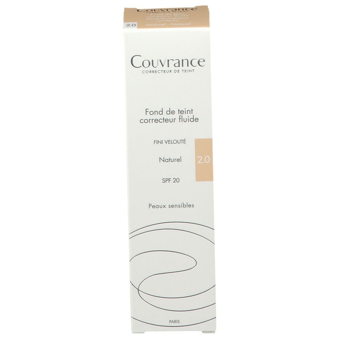 Boîte de fond de teint fluide Couvrance Avene Natural 2.0. Boîte avec nom du produit, teinte 2.0 et SPF 20.