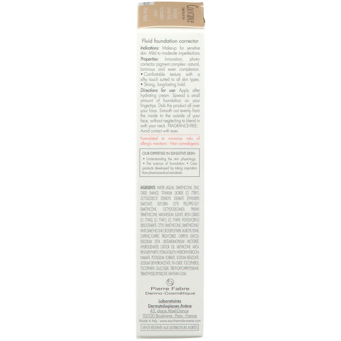 Dos de l'emballage Avene Couvrance. Texte multilingue. Contient ingrédients et utilisation.