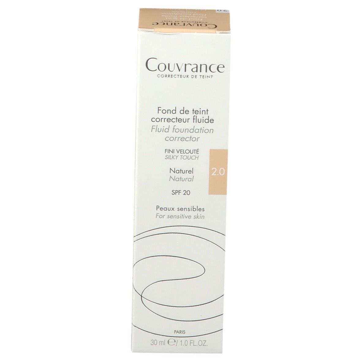 Boîte de fond de teint fluide Couvrance Avene Natural 2.0. Boîte avec nom du produit, teinte 2.0 et SPF 20.