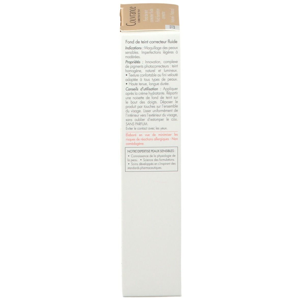 Dos de l'emballage Avene Couvrance. Texte multilingue. Contient ingrédients et utilisation.