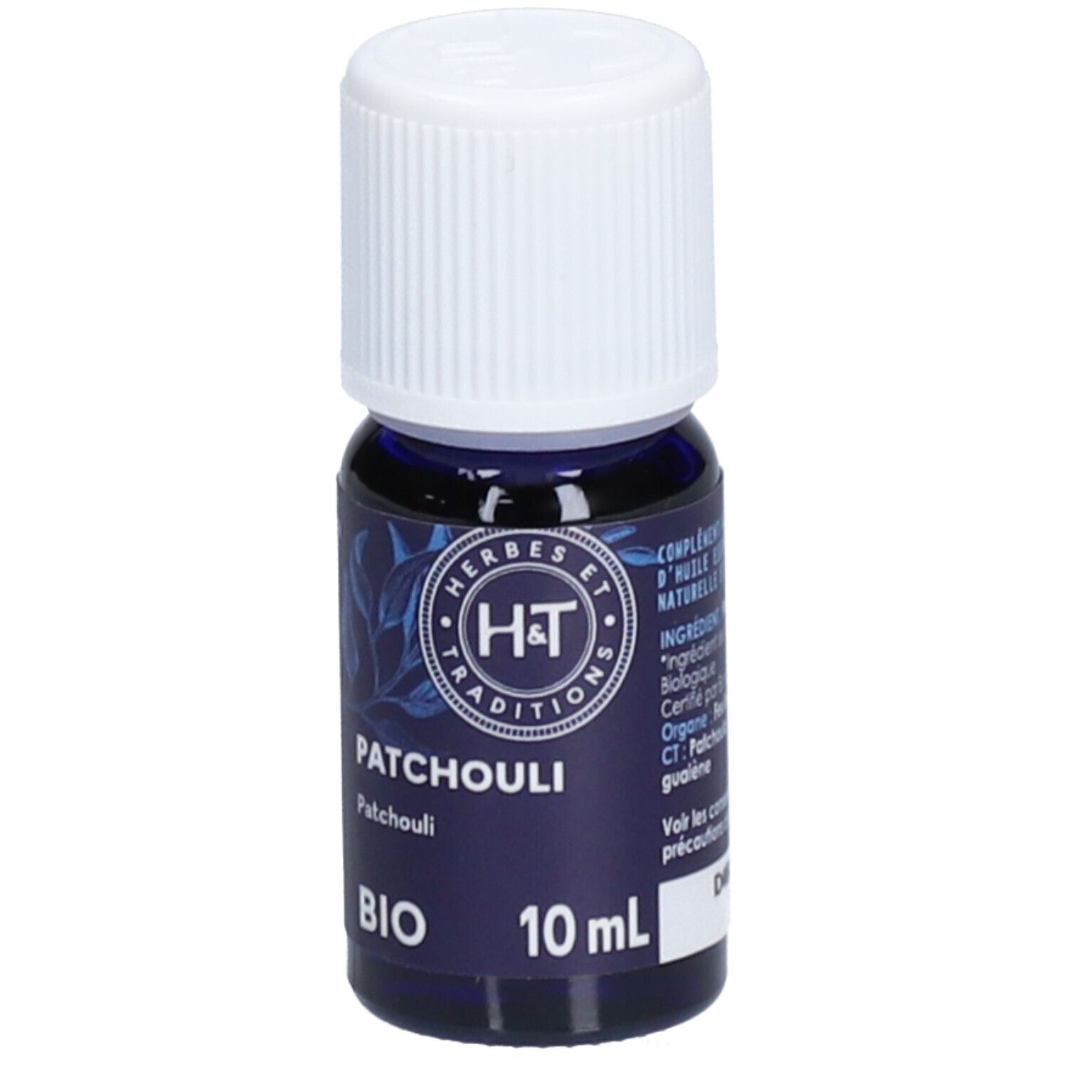 Flacon en verre bleu foncé avec bouchon blanc. Inscription: Patchouli BIO, 10 ml. Marque: H&T.