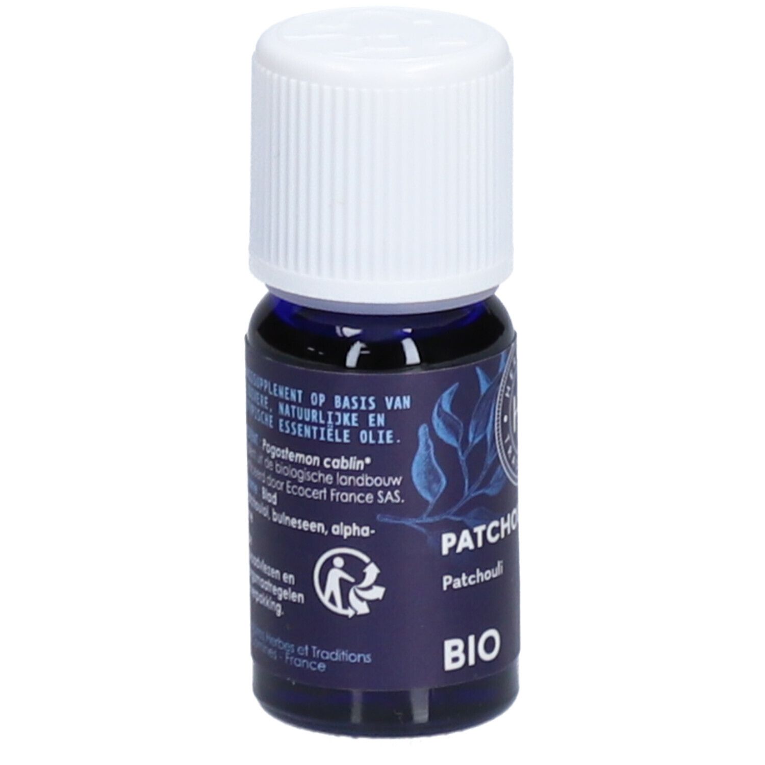 Flacon en verre bleu foncé avec bouchon blanc. Inscription: Patchouli BIO, 10 ml. Marque: H&T. Texte en néerlandais.