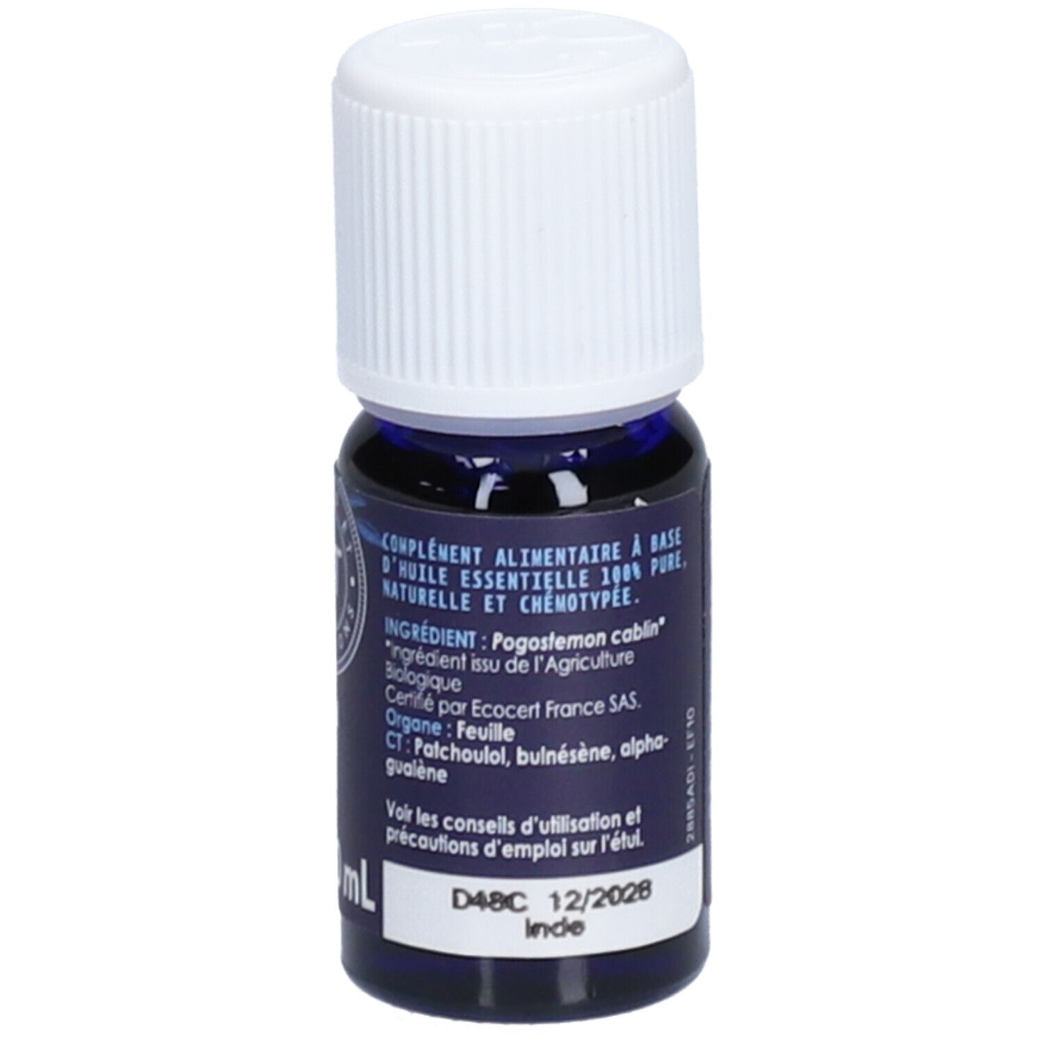 Flacon en verre bleu foncé avec bouchon blanc. Inscription: Patchouli BIO, 10 ml. Marque: H&T. Texte en français.