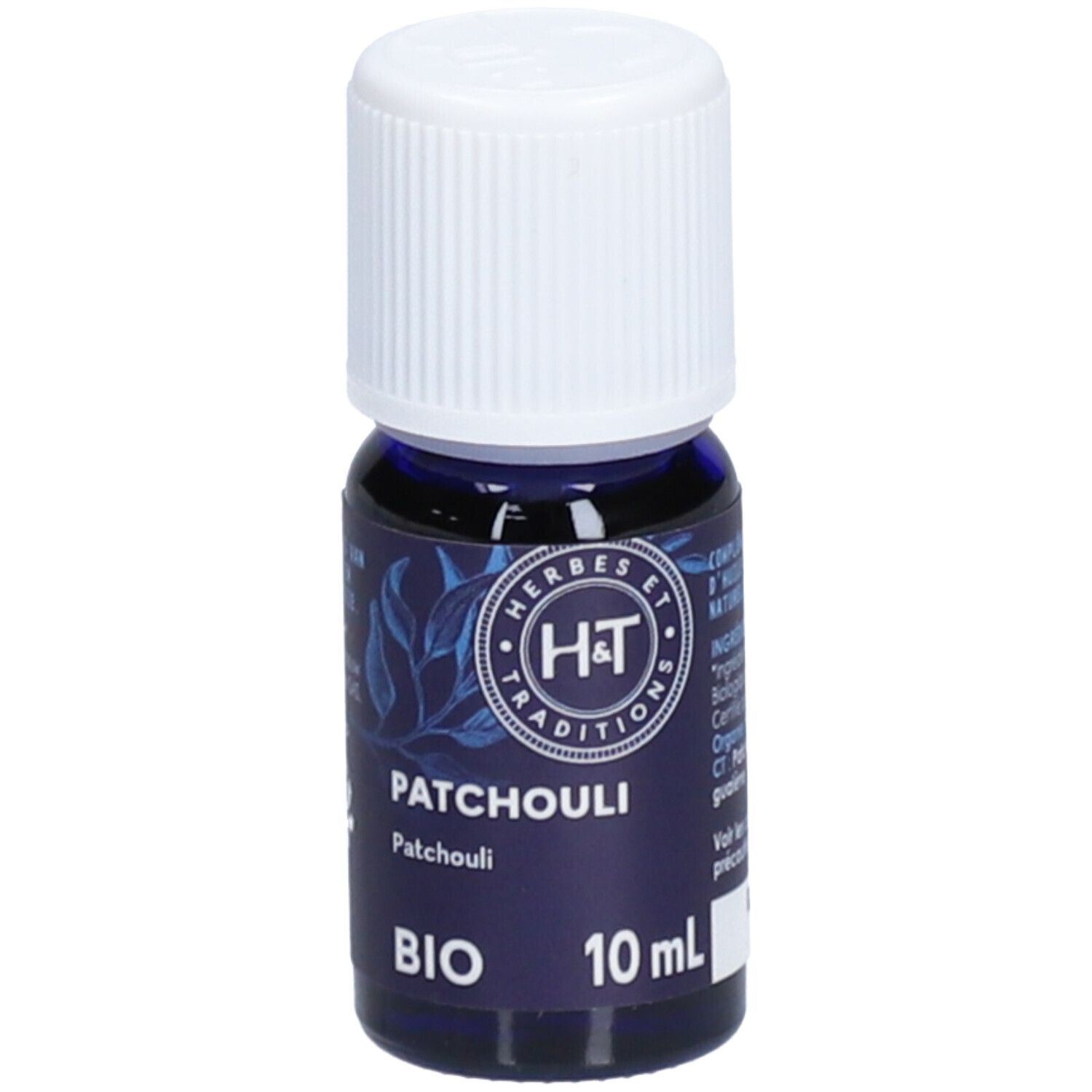 Flacon en verre bleu foncé avec bouchon blanc. Inscription: Patchouli BIO, 10 ml. Marque: H&T.