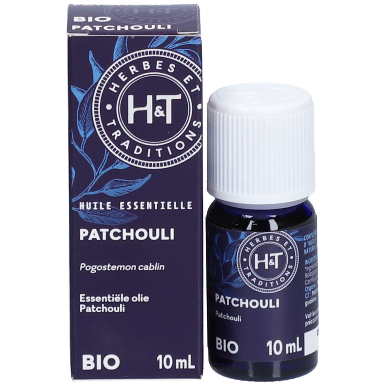Emballage du produit avec flacon. Inscription: Patchouli BIO, 10 ml. Marque: H&T. Boîte et flacon.