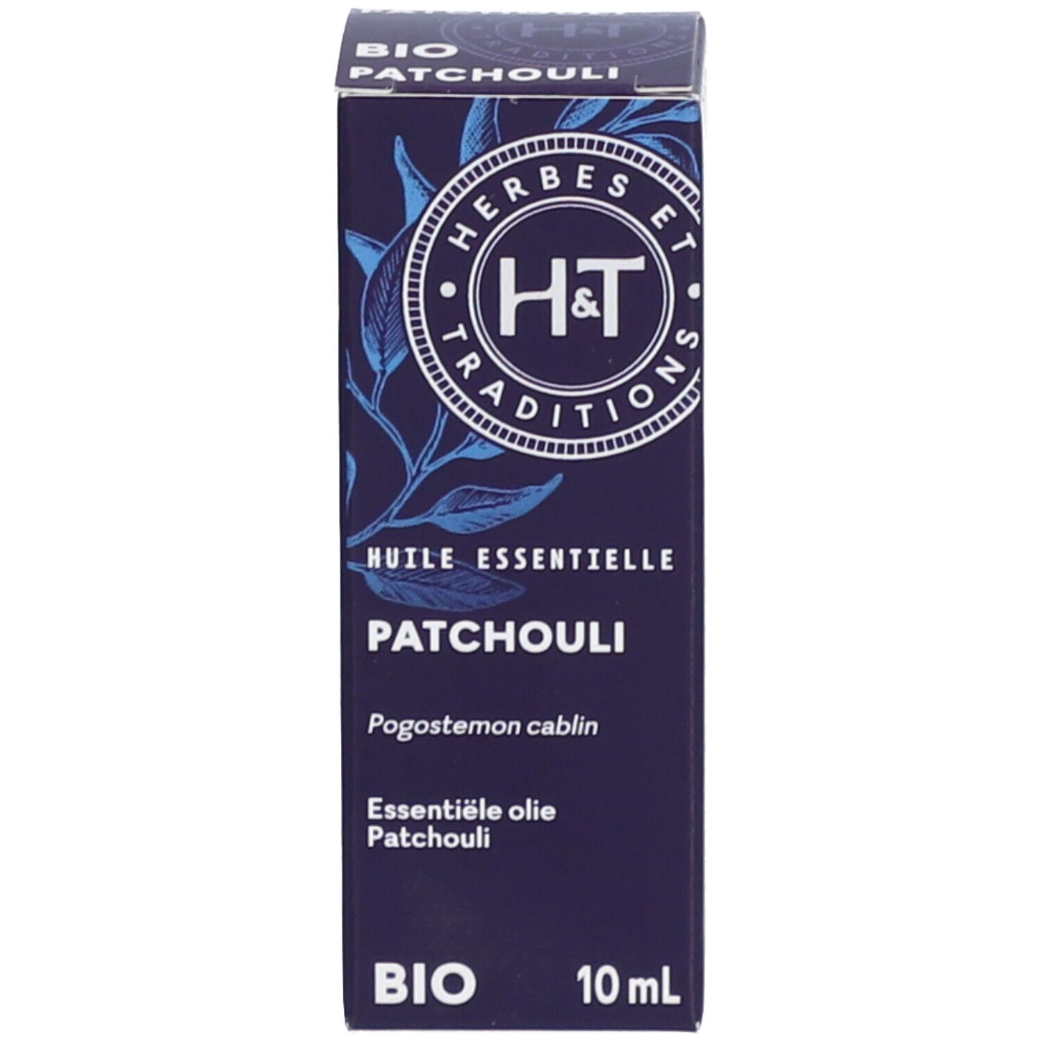 Emballage en carton. Inscription: Patchouli BIO, 10 ml. Marque: H&T. Emballage bleu.
