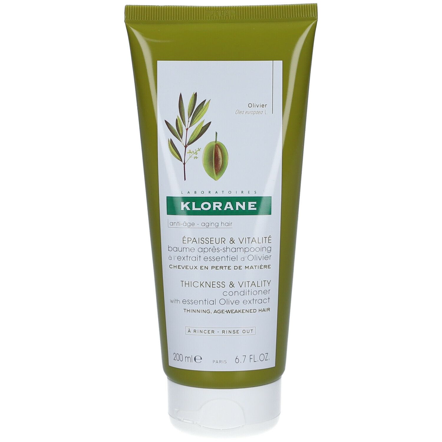 Tube vert avec étiquette blanche. Inscription: KLORANE, ÉPAISSEUR & VITALITÉ, après-shampooing à l'extrait d'olive. 200 ml.