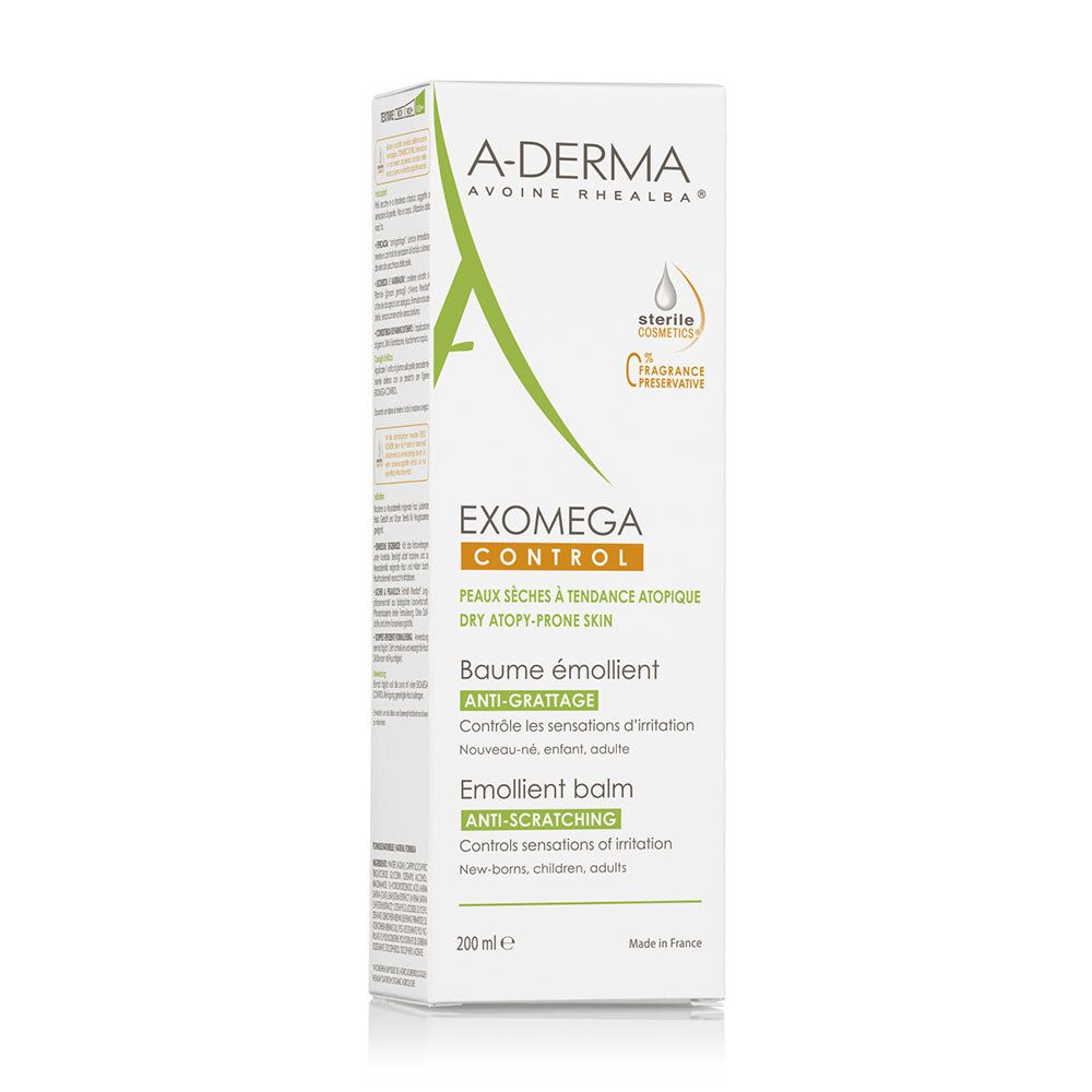 Emballage A-DERMA EXOMEGA CONTROL. Blanc et vert. Texte: EXOMEGA CONTROL, Baume émollient, Anti-Grattage, 200 ml.