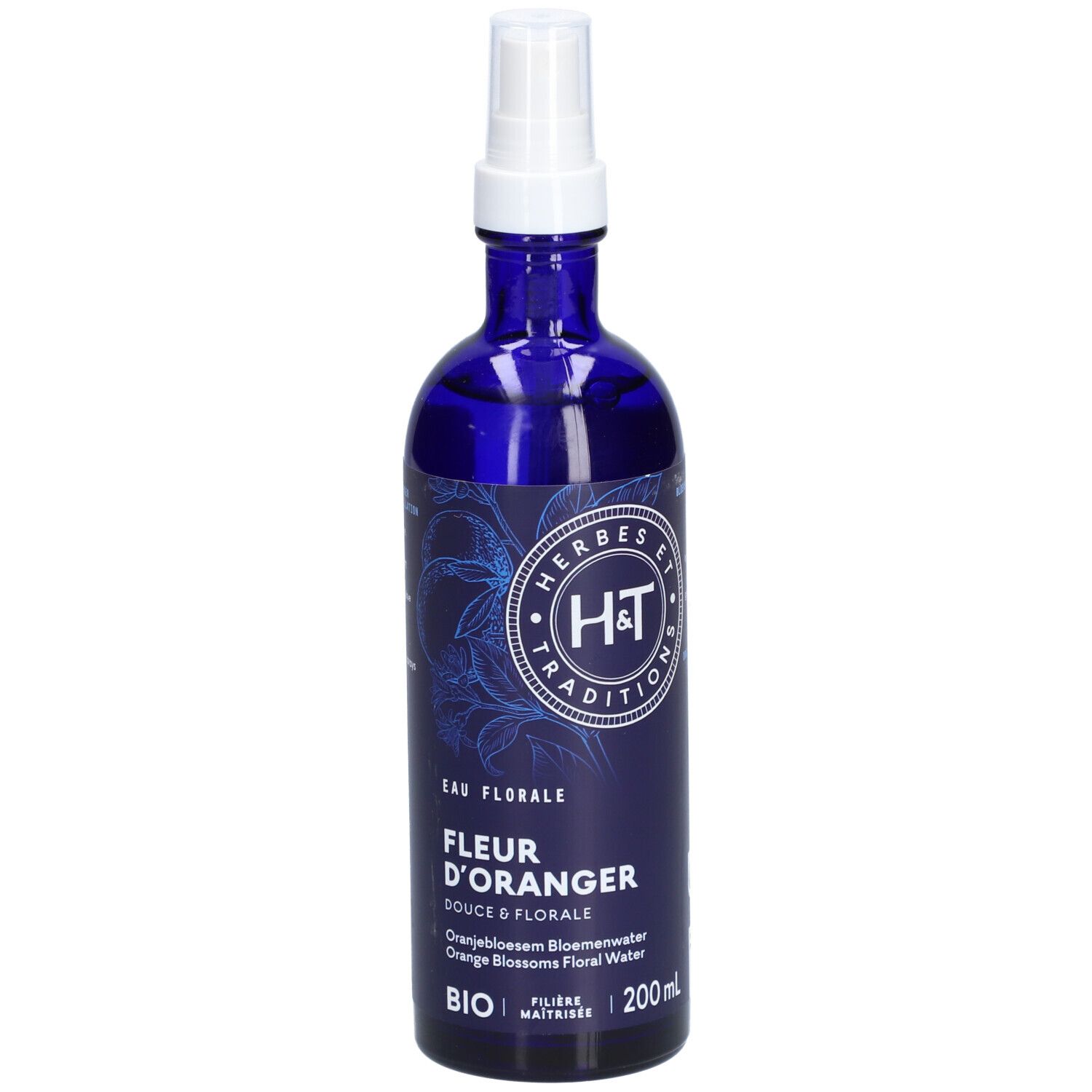 Flacon en verre bleu avec vaporisateur blanc. Étiquette avec logo et texte: FLEUR D'ORANGER BIO. 200ml.