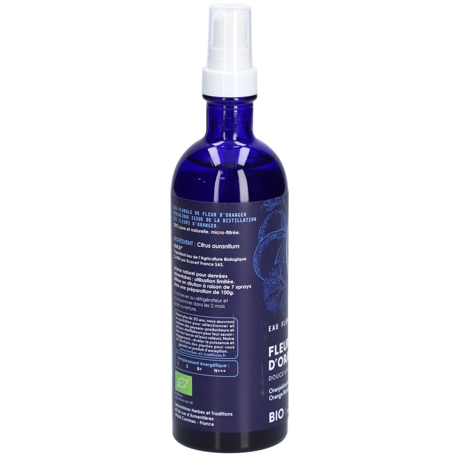 Dos du flacon en verre bleu. Étiquette avec texte et ingrédients. Certification bio. 200ml.