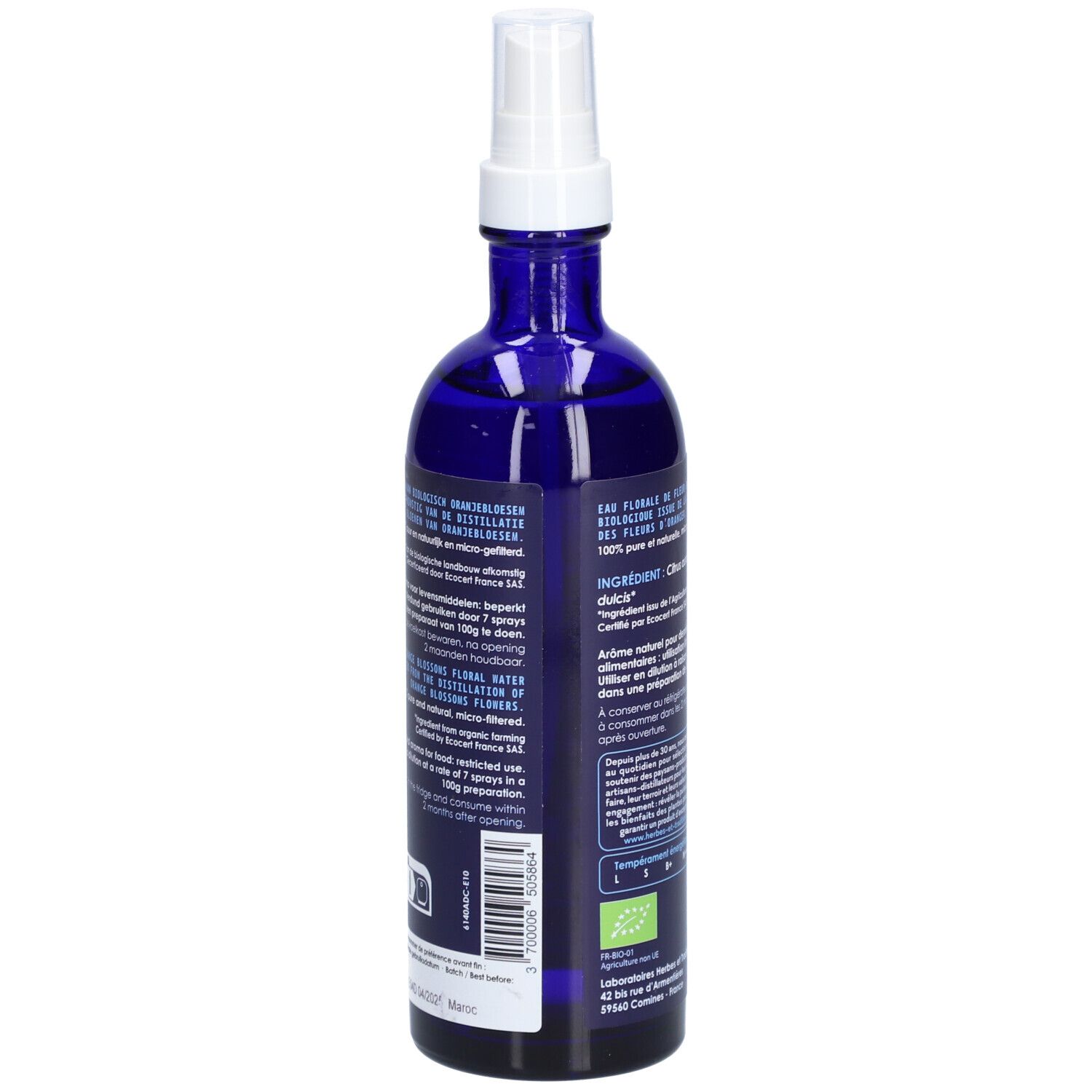 Dos du flacon en verre bleu. Étiquette avec texte et ingrédients. Certification bio. 200ml.