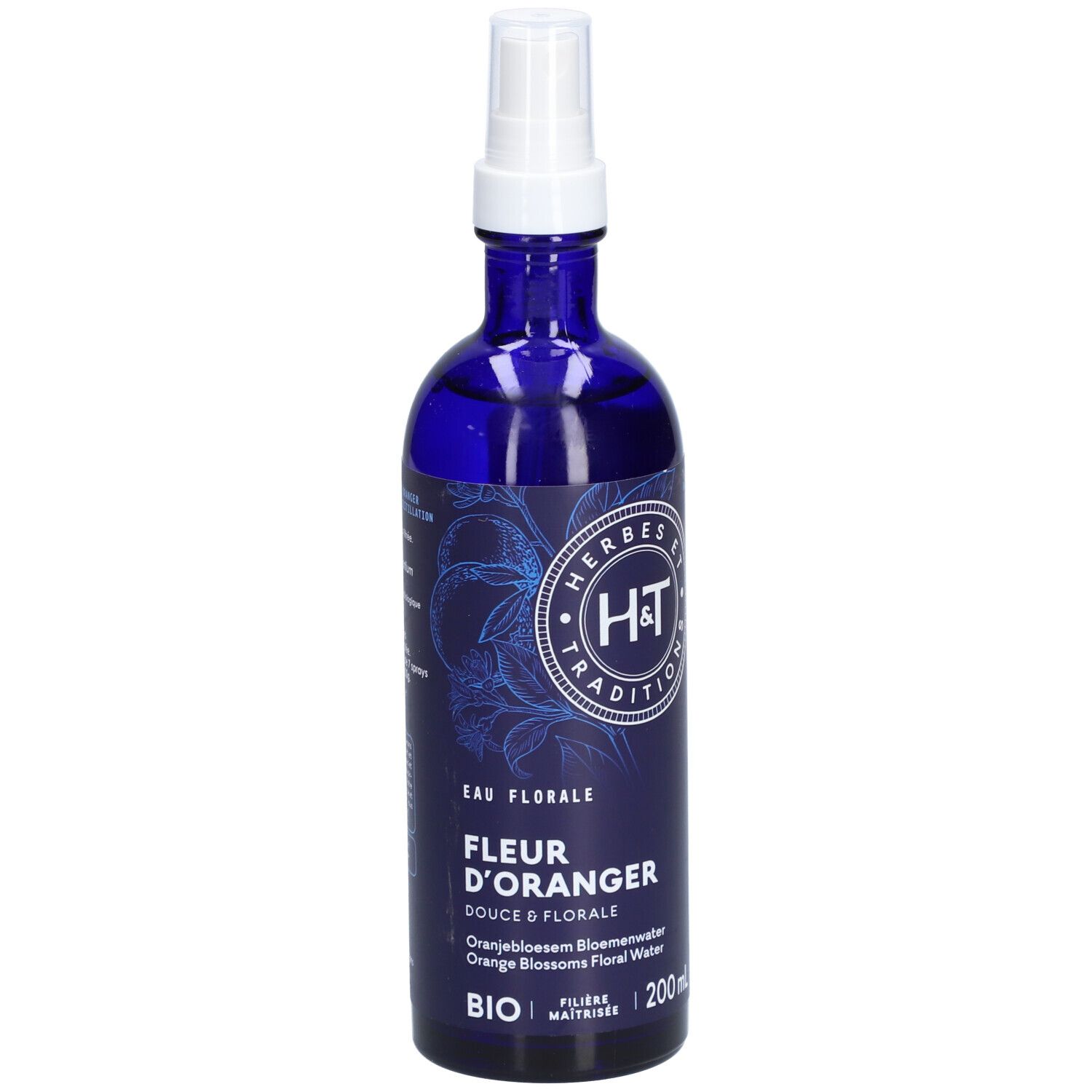 Flacon en verre bleu avec vaporisateur blanc. Étiquette avec logo et texte: FLEUR D'ORANGER BIO. 200ml.