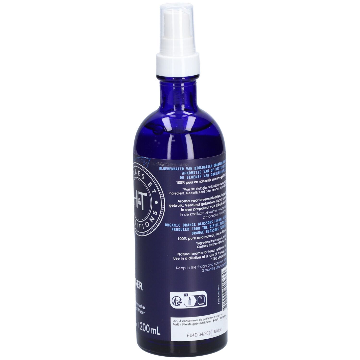 Dos du flacon en verre bleu. Étiquette avec texte et ingrédients. Certification bio. 200ml.