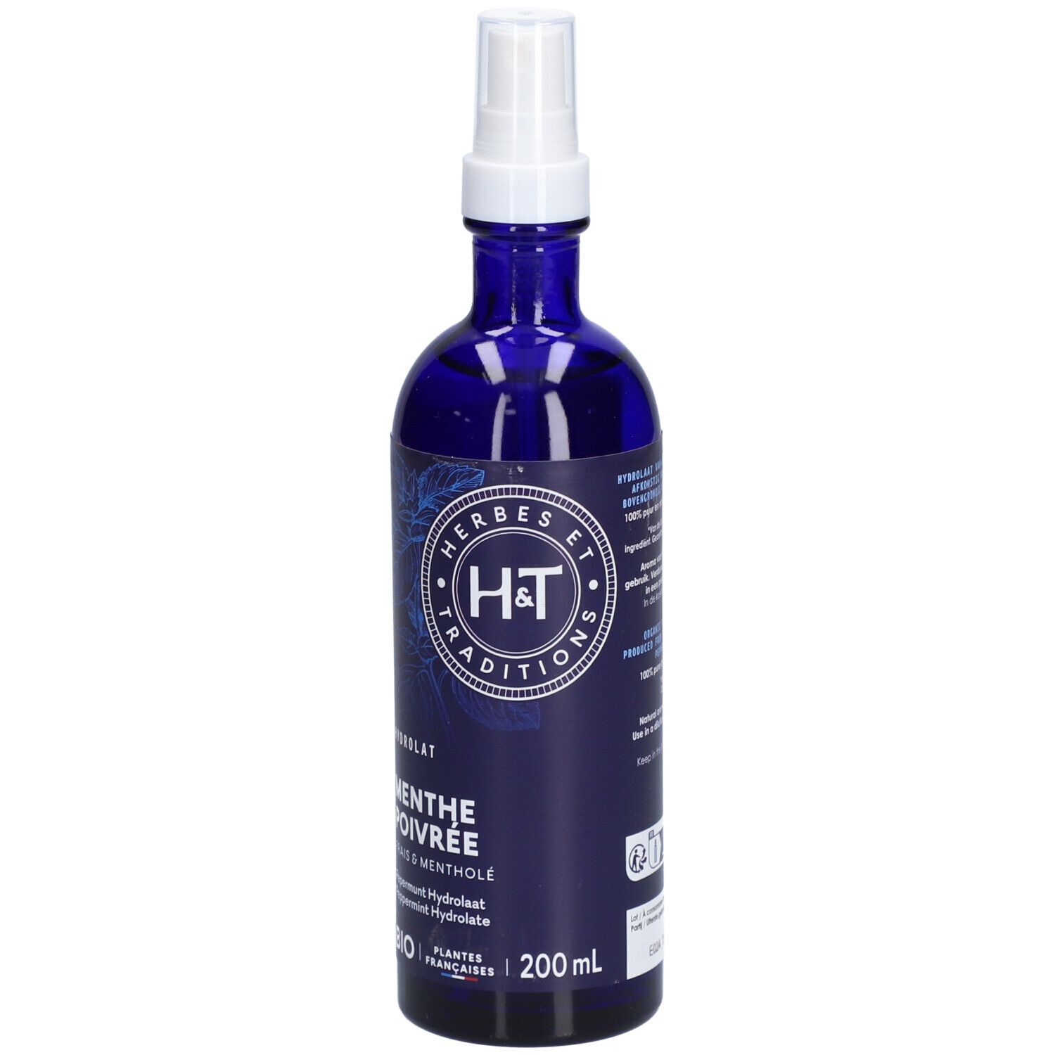 Flacon en verre bleu avec vaporisateur. Inscription: H&T, Menthe poivrée, 200 ml. Certification Bio.