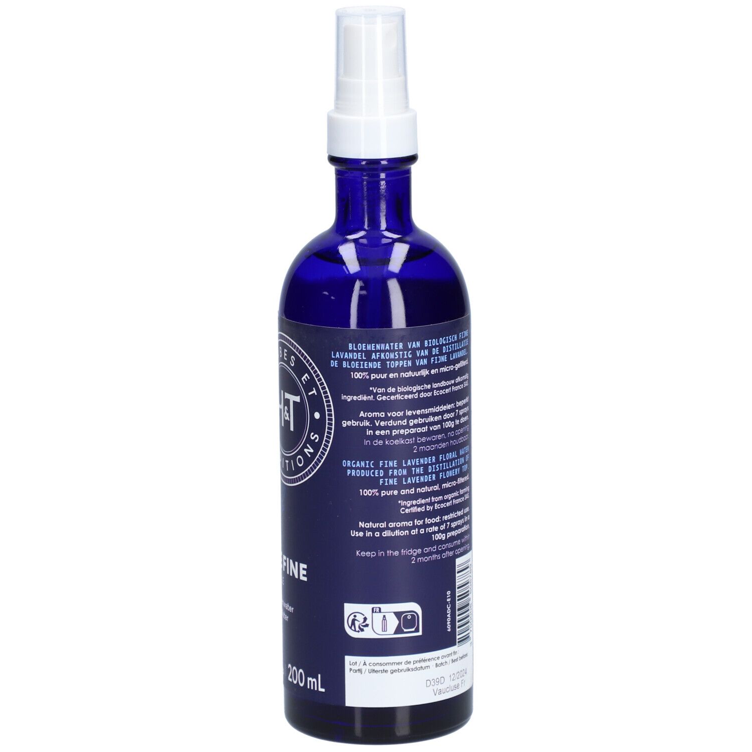 Dos du flacon en verre bleu. Texte: LAVANDE FINE BIO, ingrédients, mode d'emploi, label bio.