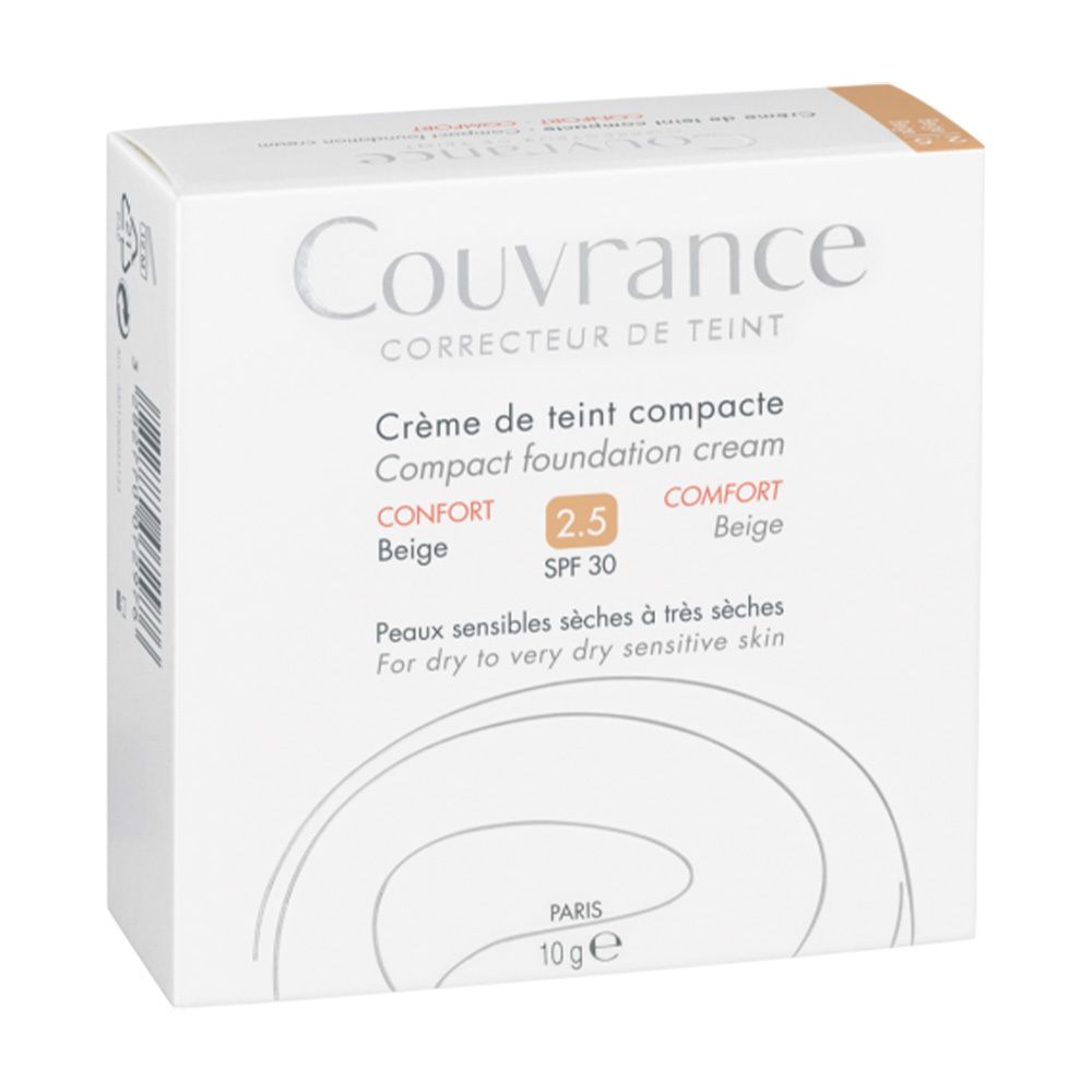 Boîte blanche Couvrance. Inscription : Crème de teint compacte, Compact foundation cream, Beige, SPF 30. Contenance : 10 g.