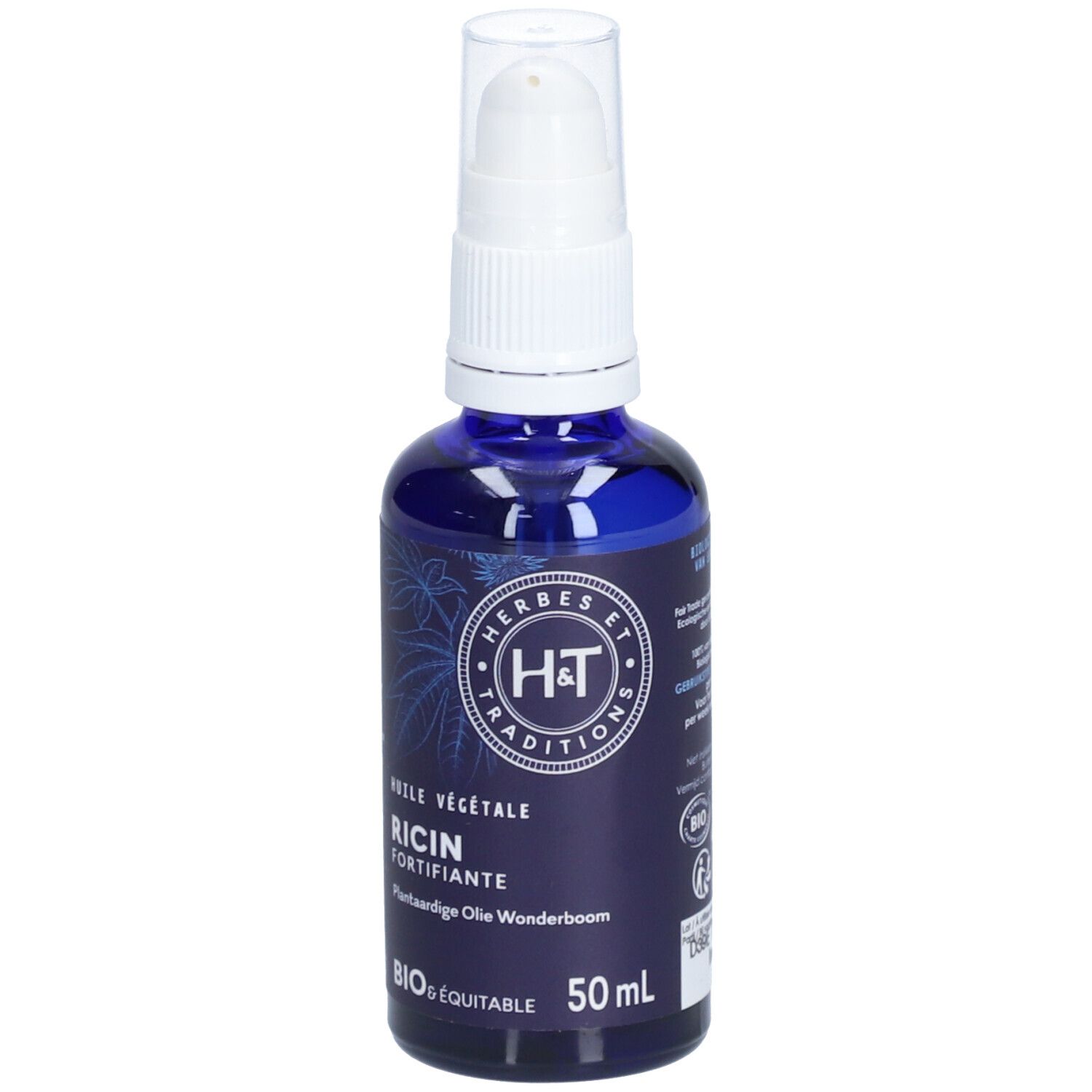 Flacon en verre bleu avec pompe blanche. Inscription: Herbes et Traditions, Ricin, Bio. 50ml.