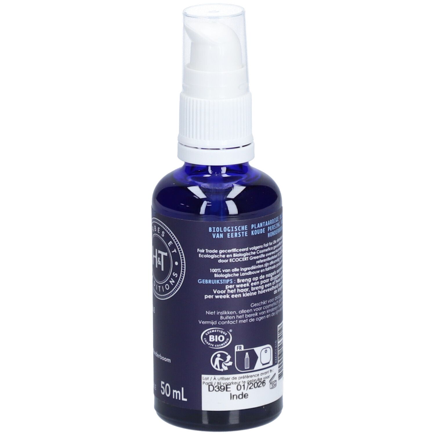Dos du flacon bleu avec pompe blanche. Texte: Huile végétale biologique, Fair for Life, 50ml.