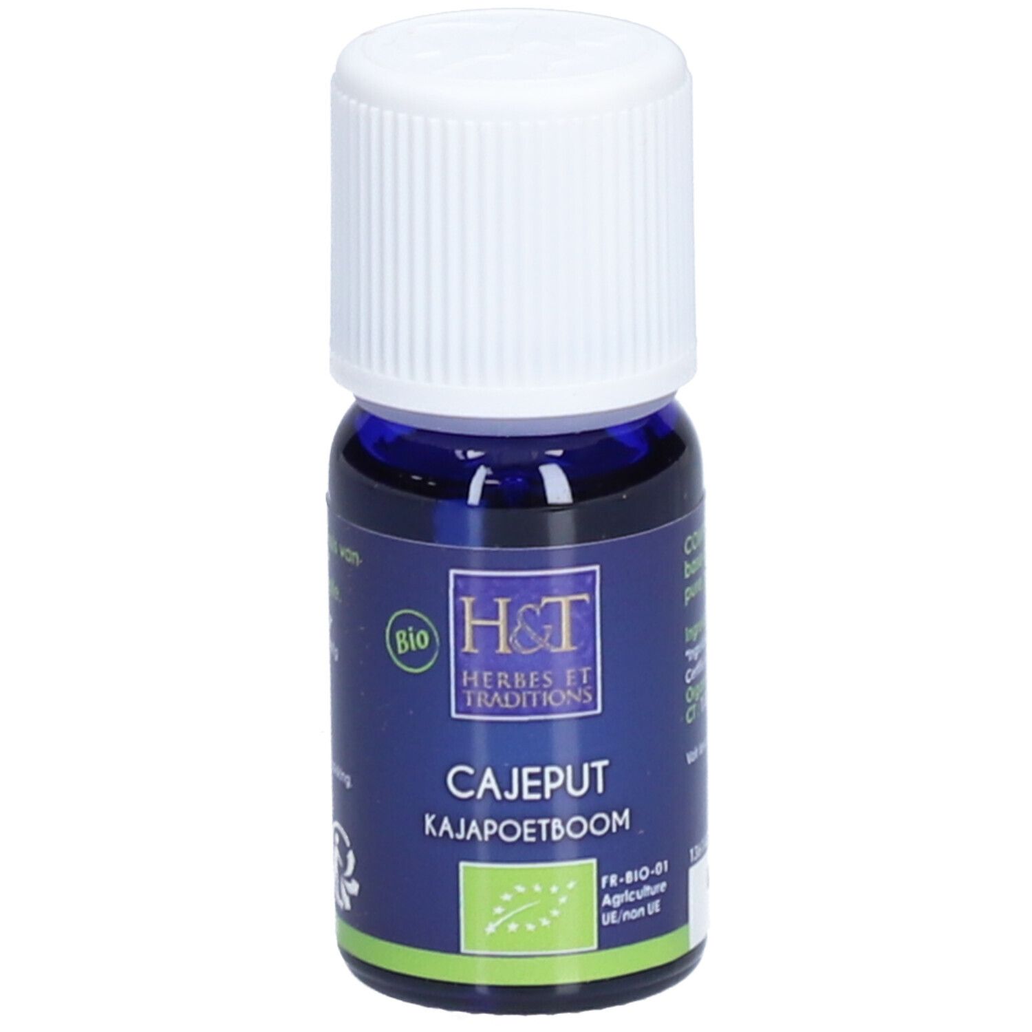 Flacon en verre bleu avec bouchon blanc. Inscription CAJEPUT, Kajapoetboom. Étiquette avec logo et label bio.