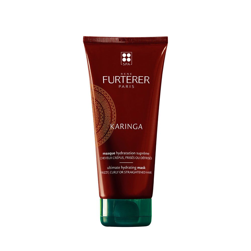 Tube marron avec bouchon vert. Inscription: Rene Furterer, Karinga. Texte: Ultimate hydrating mask.