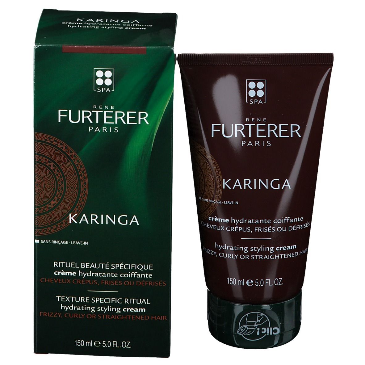 Emballage et tube. Inscription: René Furterer Paris, Karinga, crème hydratante coiffante, 150 ml.