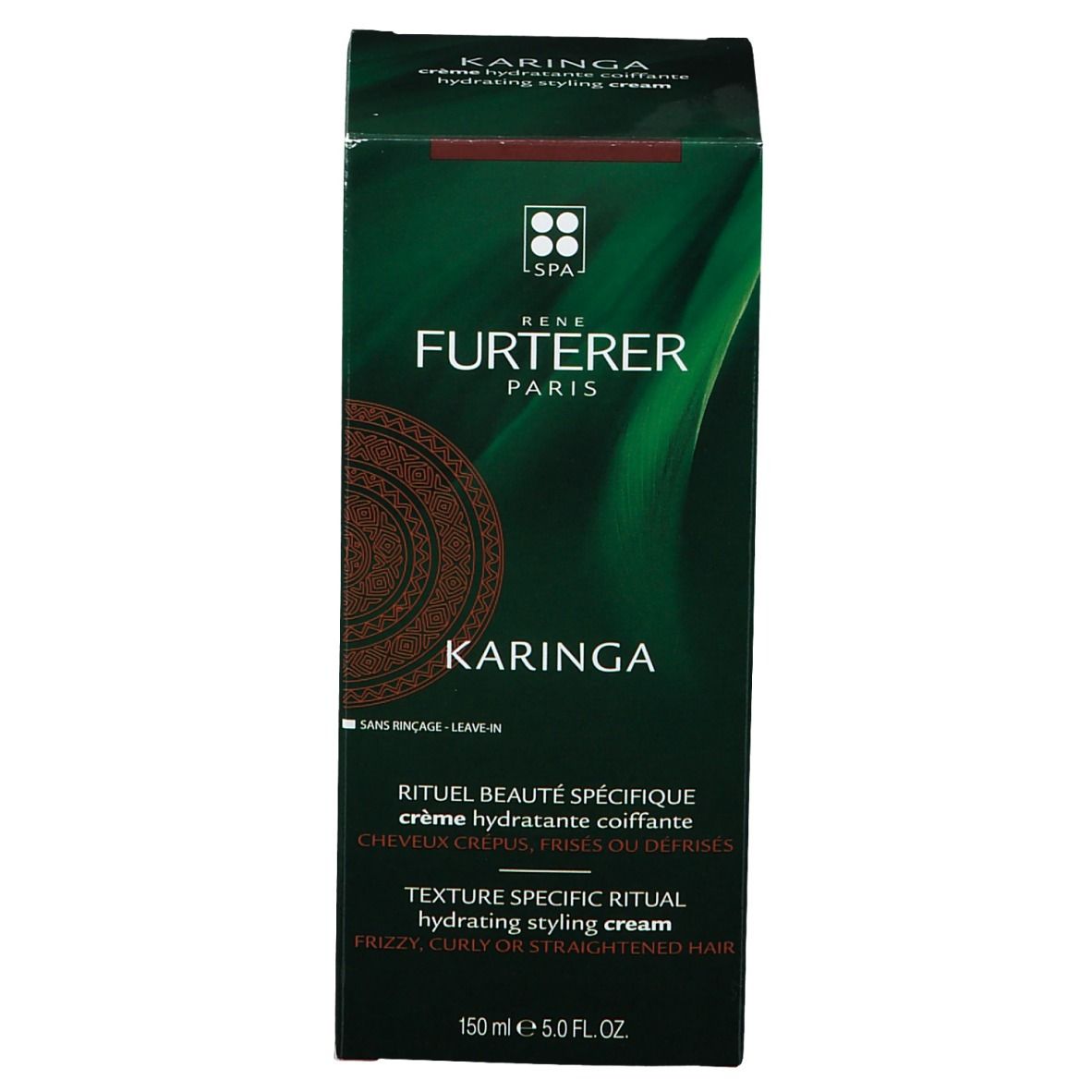 Emballage vert. Inscription: René Furterer Paris, Karinga, crème hydratante coiffante, 150 ml.