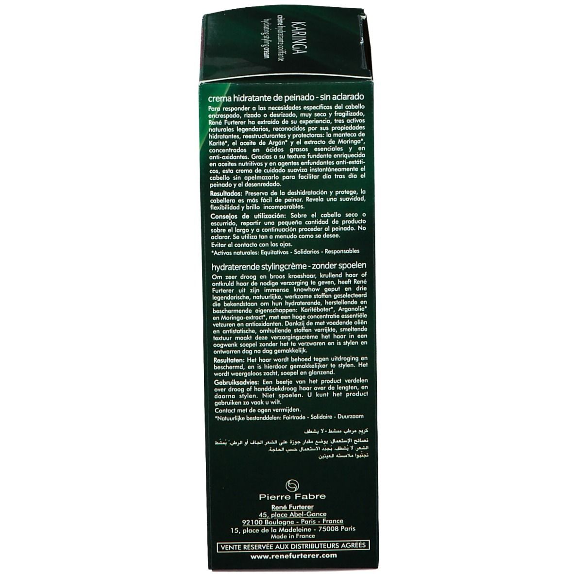 Dos de l'emballage vert. Texte en plusieurs langues, dont l'allemand et le français.