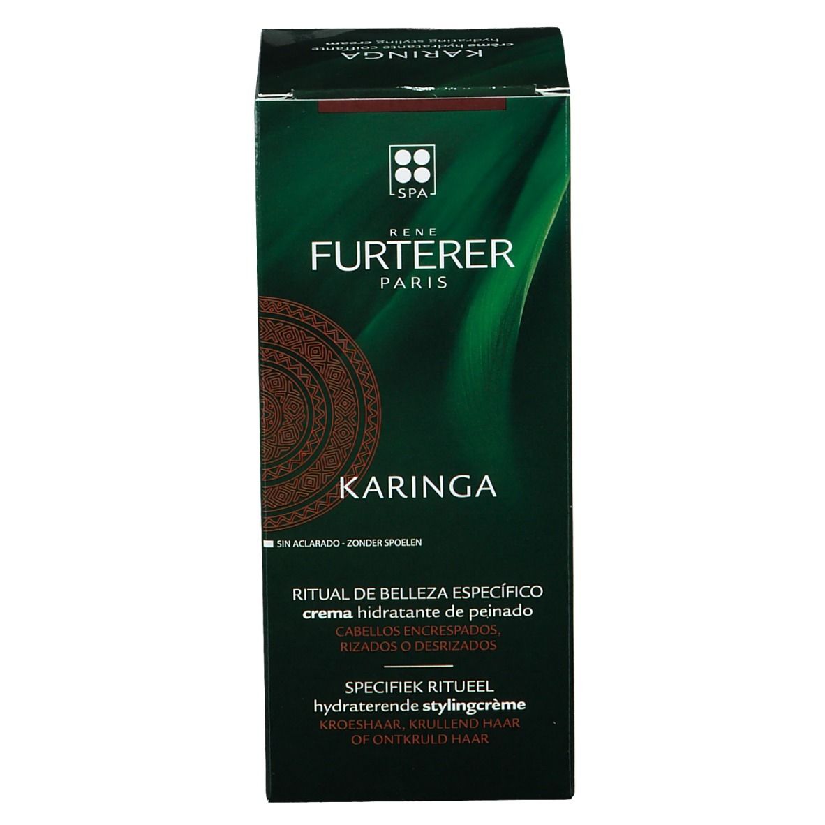 Emballage vert. Inscription: René Furterer Paris, Karinga, crème hydratante coiffante.