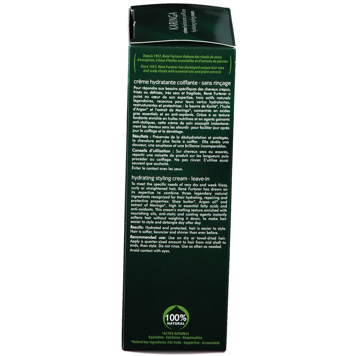 Dos de l'emballage vert. Texte en plusieurs langues, dont l'allemand et le français.