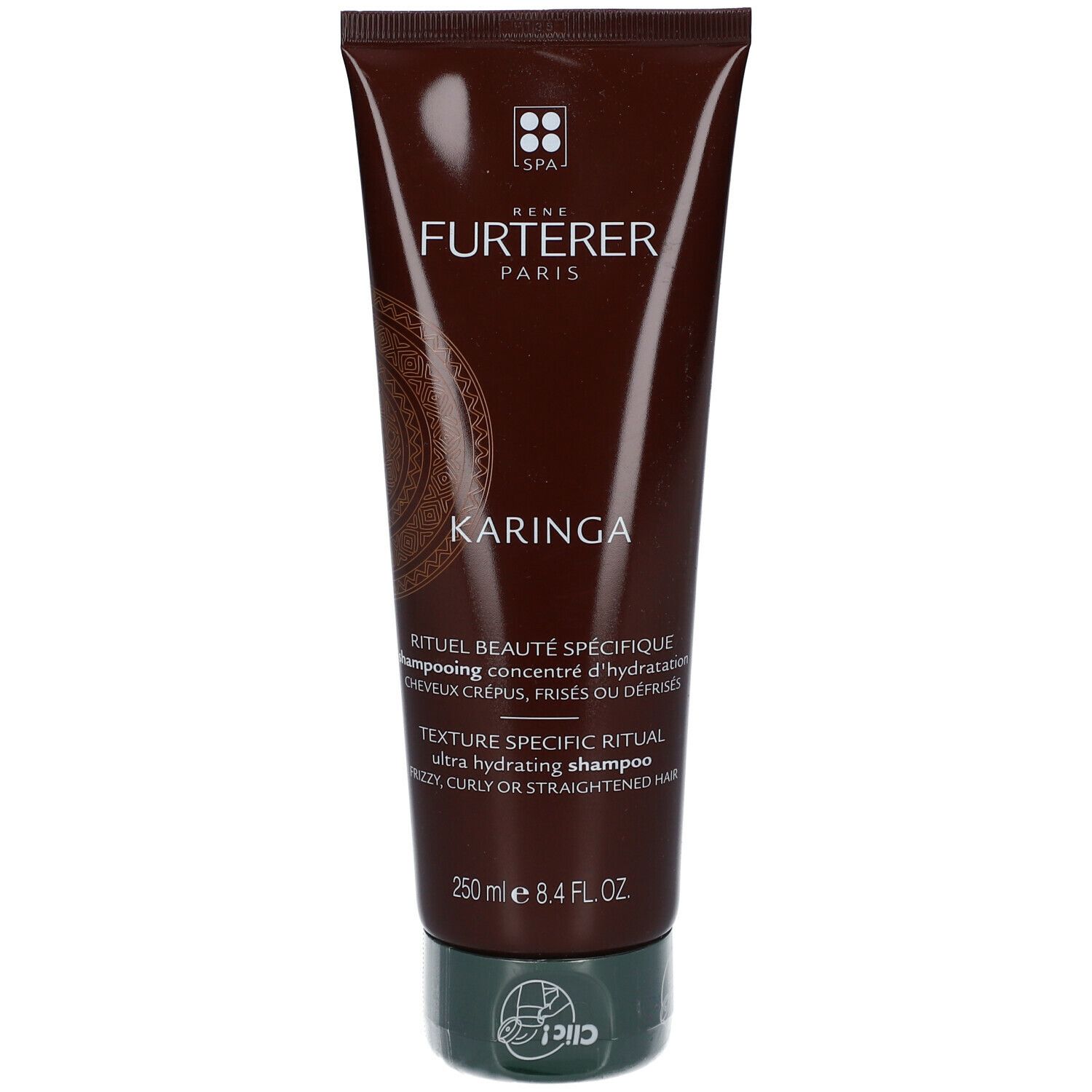 Tube marron avec bouchon vert. Inscription: Rene Furterer Paris, KARINGA. Texte: Rituel Beaute Specifique, 250 ml.