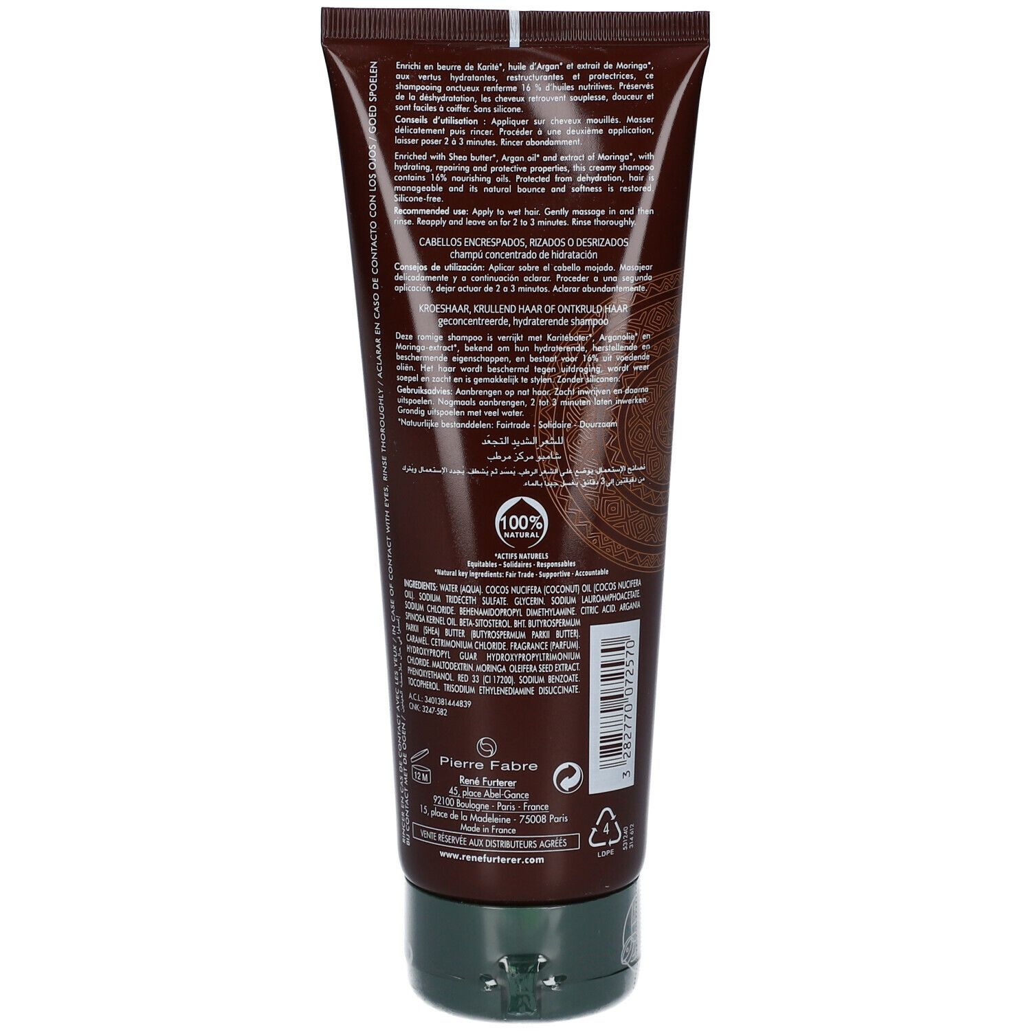 Dos d'un tube marron avec bouchon vert. Texte et ingrédients en plusieurs langues. Logo: 100% recyclable.
