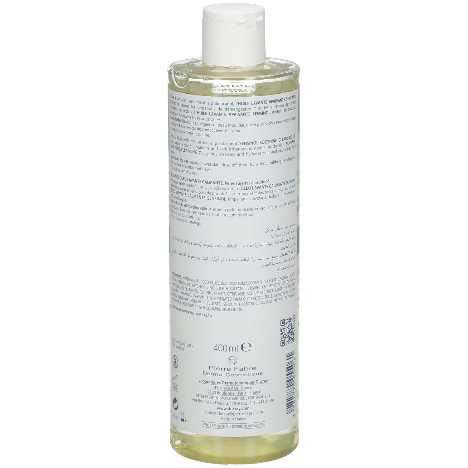 Dos du flacon Sensinol. Texte multilingue. 400ml.