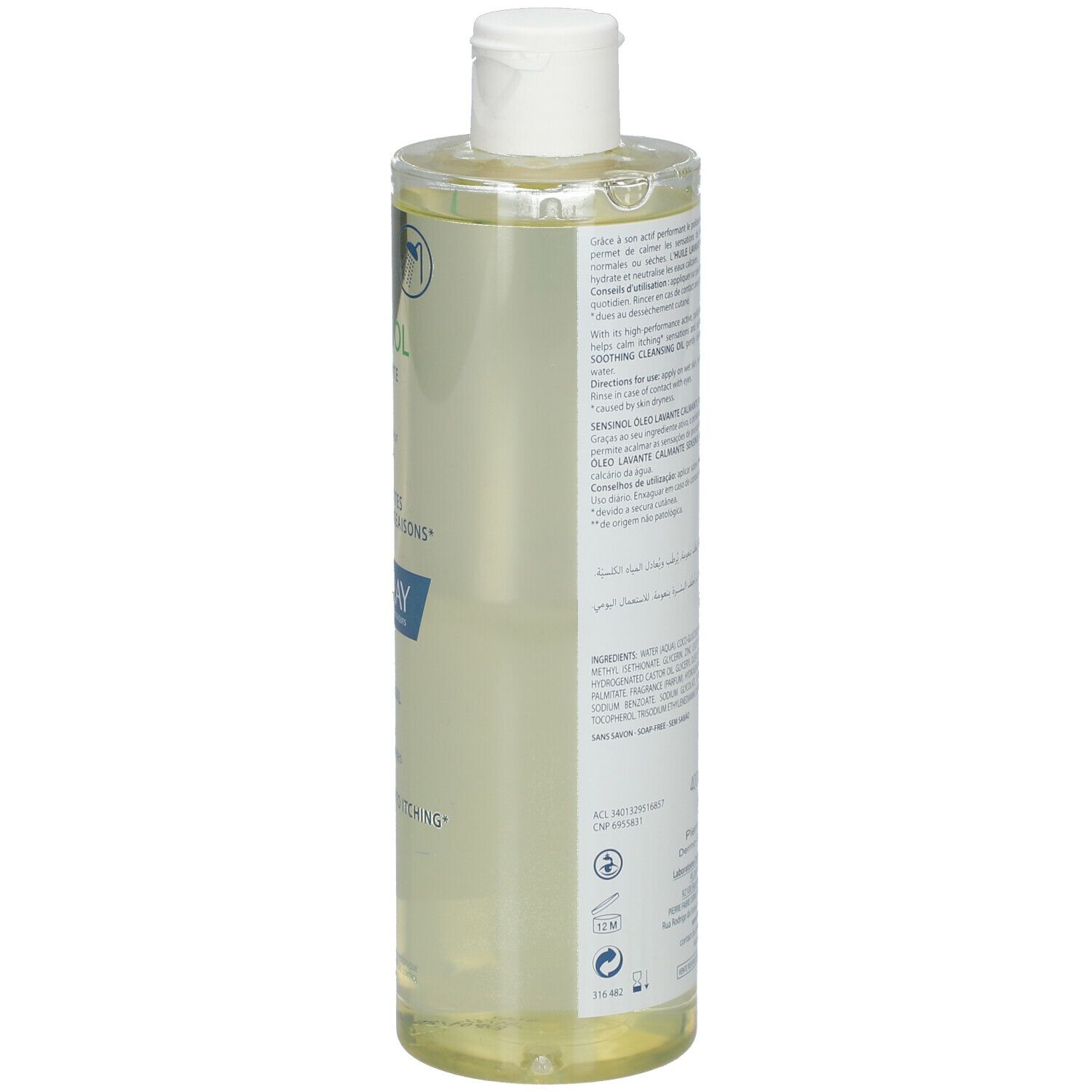 Dos du flacon Sensinol. Texte multilingue. 400ml.